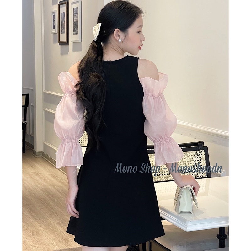 Đầm nhung đen nữ hở vai tay voan hồng dáng xoè nhẹ Ảnh thật/ sẵn | BigBuy360 - bigbuy360.vn