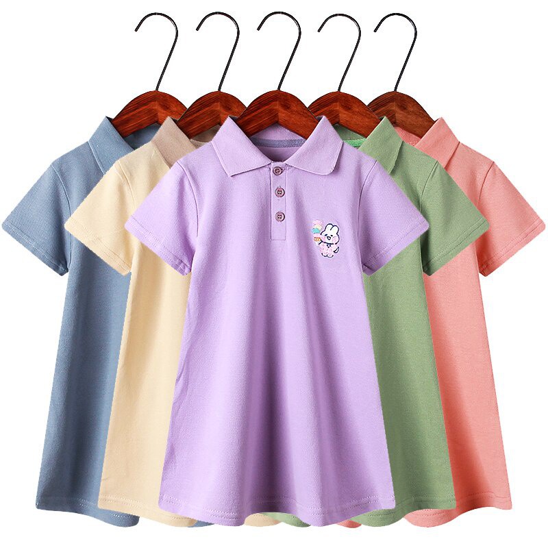 Mới Đầm Thun Cotton Tay Ngắn Cổ Polo Màu Kẹo Ngọt Dành Cho Bé Gái 2-11 Tuổi