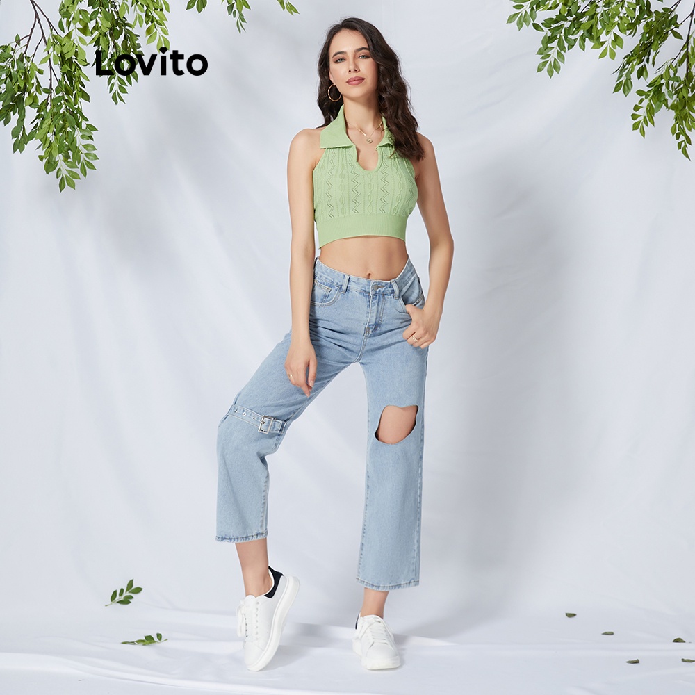  Áo tank top Lovito L09054 cổ chữ v màu xanh lá | BigBuy360 - bigbuy360.vn