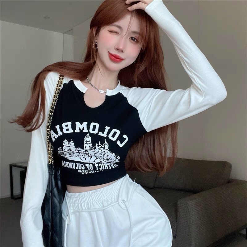 Áo thun cổ tròn xẻ V columbia , Áo Croptop Ulazzang Xẻ Cổ Chất Gân Áo Kiểu Cổ V GB alohashop91