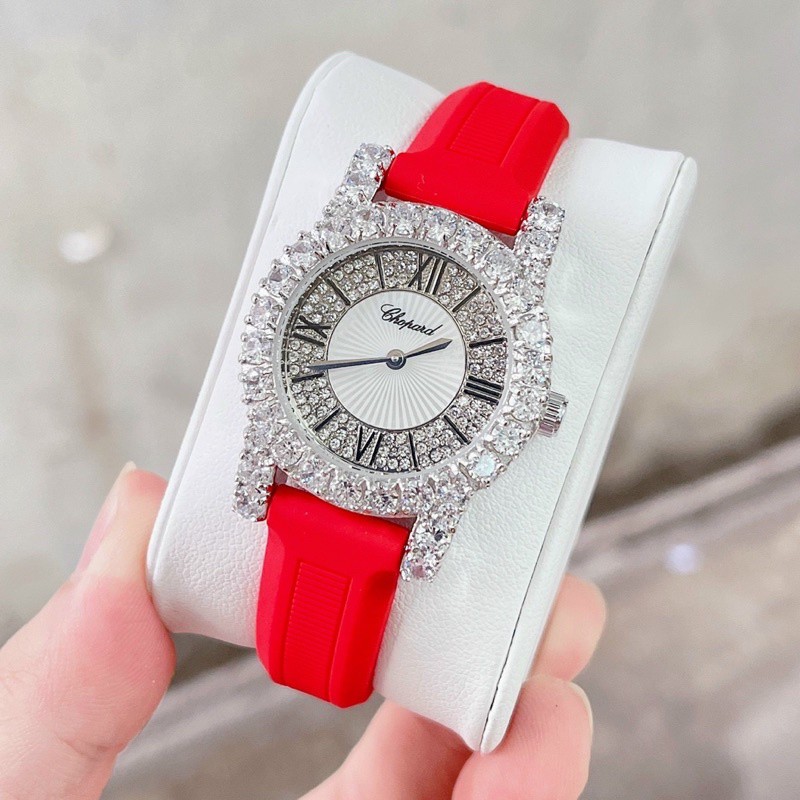Đồng hồ nữ chính hãng, đồng hồ đeo tay authentic CHOPARD full box, mặt tròn, dây da, đính kim cương nhân tạo Swarovski