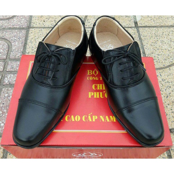 Giày Da Nam Màu Đen, Da Bò, Dây Cố Định Có Thắt Nơ , Chun co giãn 2 bên mã 11