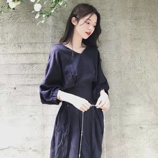 Đầm đen tay lỡ đan dây eo (kèm hình thật)