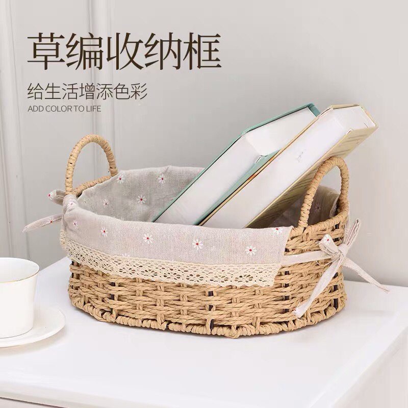 Giỏ mây lót vải CÓ QUAI vintage đựng đồ, giỏ đi picnic, để bàn decor đẹp mắt (Rổ cói lót vải)