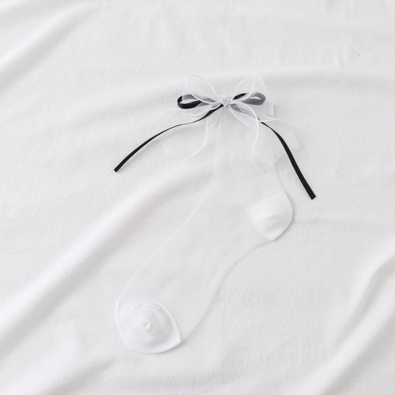 Tất Lưới Phối Ruy Băng Thủy Tinh Siêu Mỏng Trong Suốt Phong Cách Lolita Nhật Bản