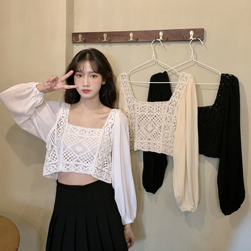 Áo voan chiffon tay dài phối ren phong cách Hàn Quốc cho nữ