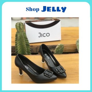 Giày Cao Gót Khóa Vuông Màu Đen Gót Mica Cao 7cm - JICO_12_Đen Bóng
