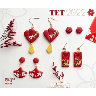 Khuyên tai đất sét handmade khuyên tai tết, độc đáo, quà tặng đặc biệt, hoa tai đất sét, quà tết