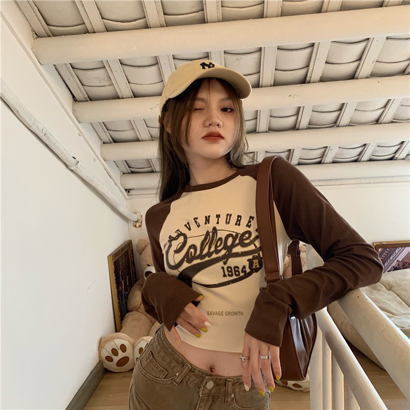 Áo Thun Lửng Tay Dài Phong Cách Retro Dành Cho Nữ