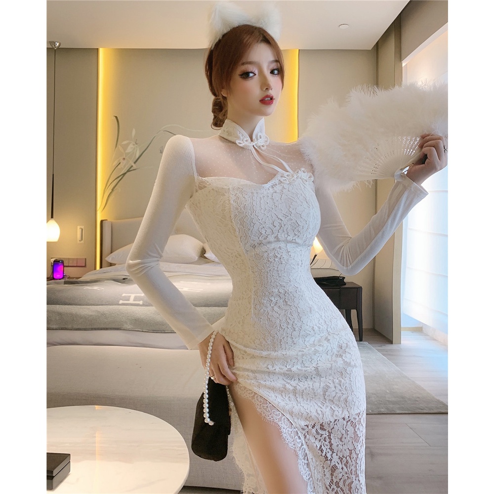 Đầm Sườn Xám Dáng Ôm Phối Ren Thời Trang Thu Đông 2022 Cho Nữ