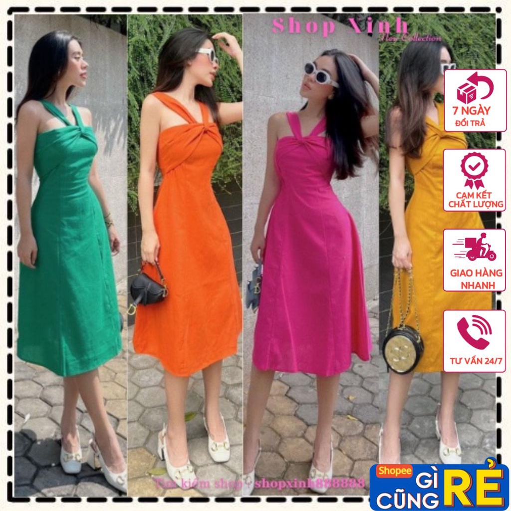 Đầm Đan Dây Chéo Ngực 4 Màu ( Xanh/Hồng/Cam/Vàng), Váy Chéo Ngực Xinh Xắn Dự Tiệc