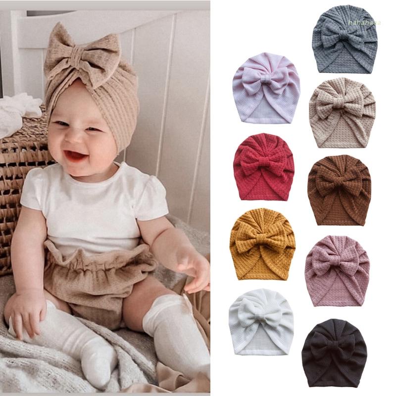 Mũ trùm đầu dệt kim màu trơn phối nơ xinh xắn dành cho bé