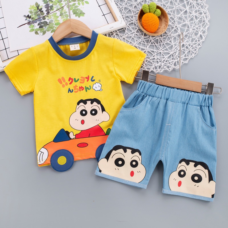 Set đồ 2 món gồm áo thun tay ngắn họa tiết xe hơi hoạt hình + quần jean cho bé 1-6 tuổi