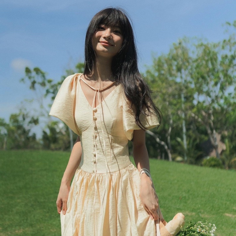 GISELLE DRESS in YELLOW - Váy tay phồng cổ chữ V dáng xoè