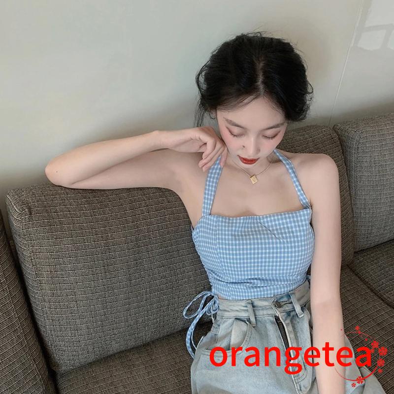 ORT-Female Camisole, Plaid Halter Neck Vest Crop Tops with Drawstring Summer Outfit for Adults