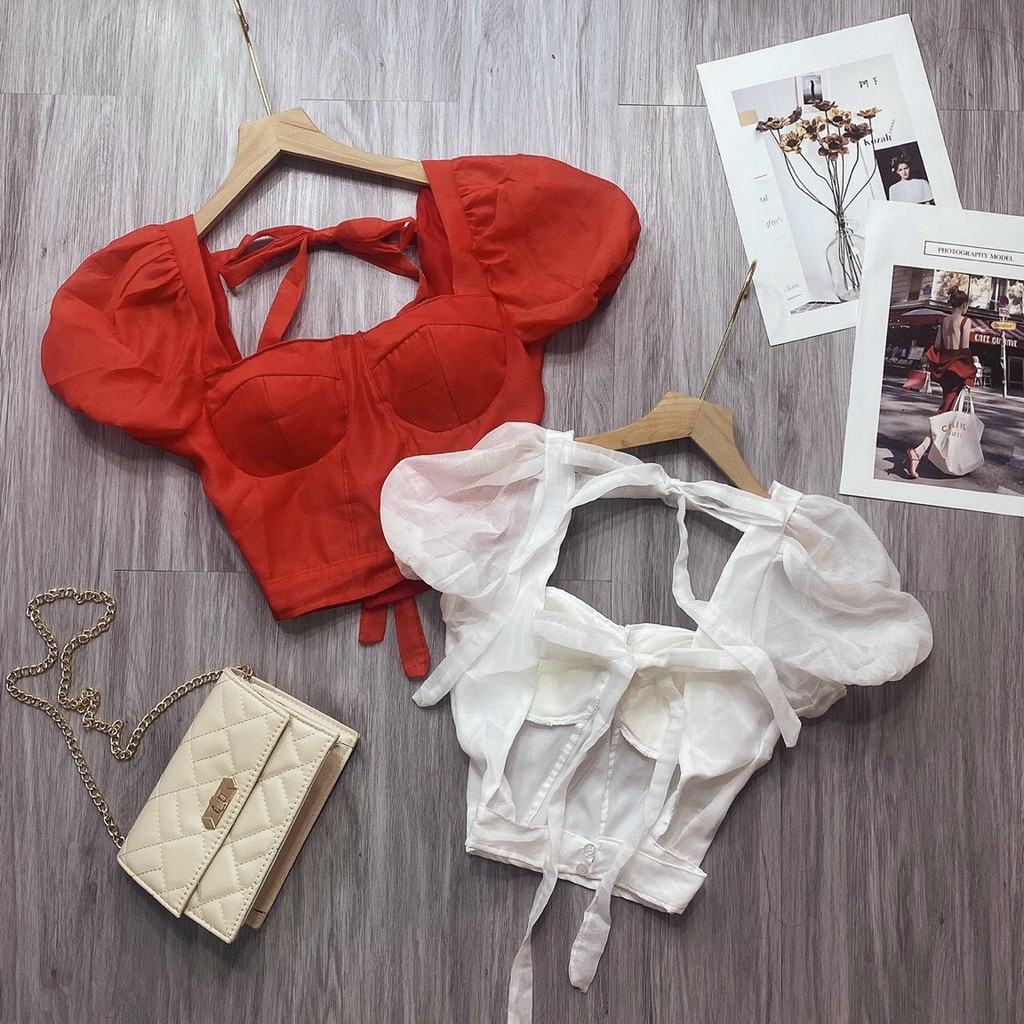 áo kiểu tay ngắn cổ vuông hở lưng form croptop chất voan dày dặn phối đồ đẹp mê li nha khách ơi m5345