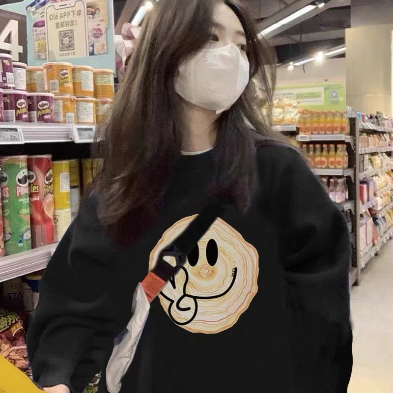 ZHELIHANGFEI Áo Sweater Tay Dài Dáng Rộng Cổ Tròn In Họa Tiết Cá Tính