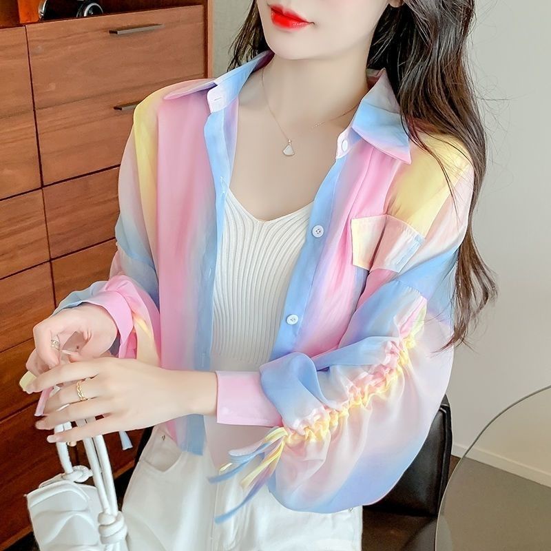Áo Khoác Sơ Mi Chống Nắng Dáng Rộng Vải Voan Màu Cầu Vồng Kiểu Hàn Quốc Dễ Thương Cho Bạn Gái