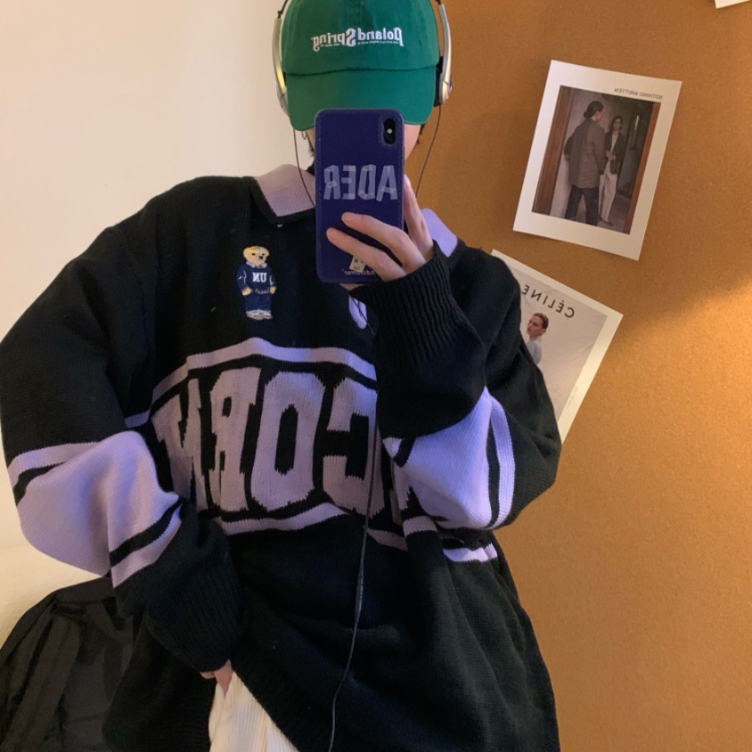 Áo thun polo dệt kim tay dài in chữ phong cách Hàn Quốc thời trang cho nam nữ áo len dệt kim Unisex có ve áo thời trang áo len dệt kim cặp đôi giản dị form rộng hàng đầu