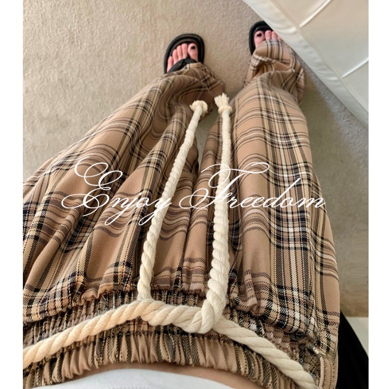 Enjoy Freedom Quần Dài Lưng Cao Ống Rộng Họa Tiết Kẻ Sọc Thời Trang Thu Đông Hàn Quốc 2022 Mới