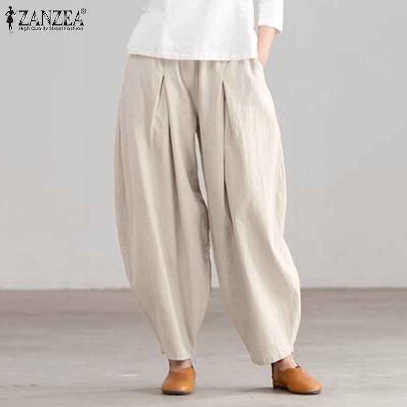 Quần harem dài ZANZEA ống rộng lưng quần co giãn màu trơn thời trang thường ngày dành cho bạn nữ