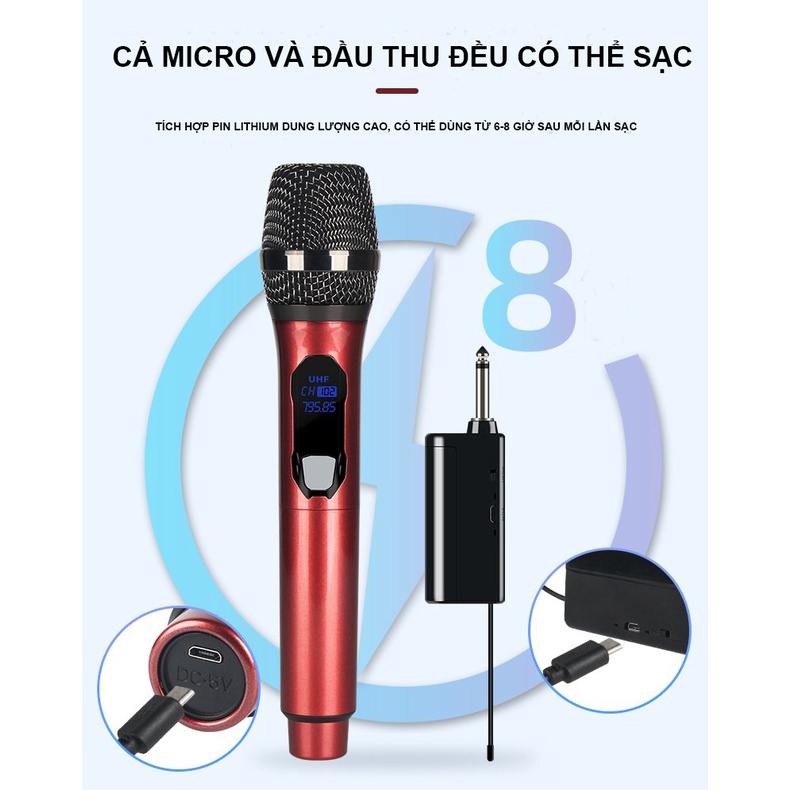 Micro karaoke không dây cao cấp Ontekco MU 02 pin sạc sóng UHF Wireless - Bảo hành 12 Tháng