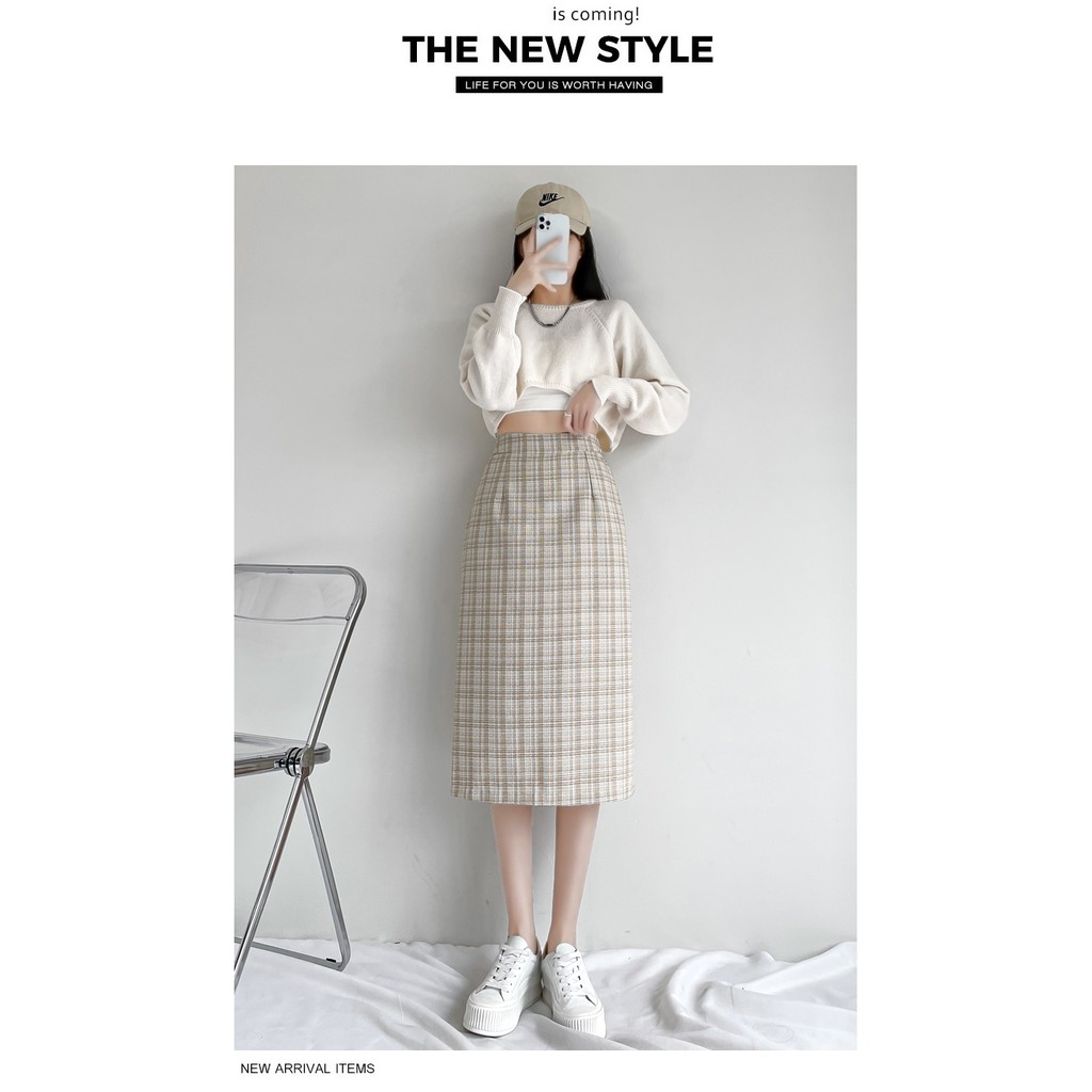 Chân váy dài kẻ ulzzang xẻ tà, chân váy midi lưng cao hoạ tiết sọc caro sogeum.store | BigBuy360 - bigbuy360.vn