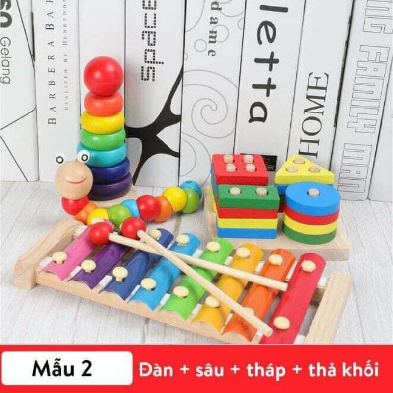 Đồ chơi gỗ ⚡FREESHIP⚡ Combo 4 món đồ chơi gỗ Tháp mini - Đàn 8 thanh - Thả hình - Sâu uốn dẻo