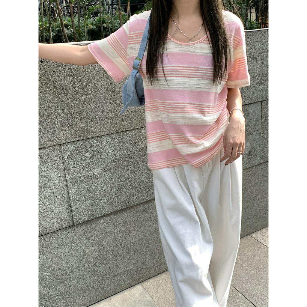 Áo Thun Cộc Tay Kẻ Sọc Ngang Dáng Ôm Dễ Phối Đồ 63971