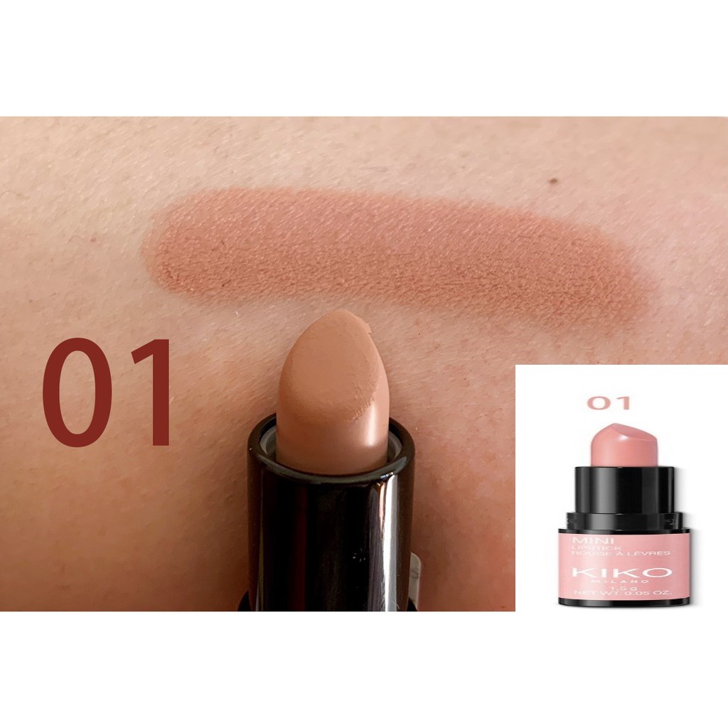 Son lì mini Kiko: 6 màu: hồng nude, hồng tím đất, hồng đất, đỏ nâu, tím hồng, tím đậm