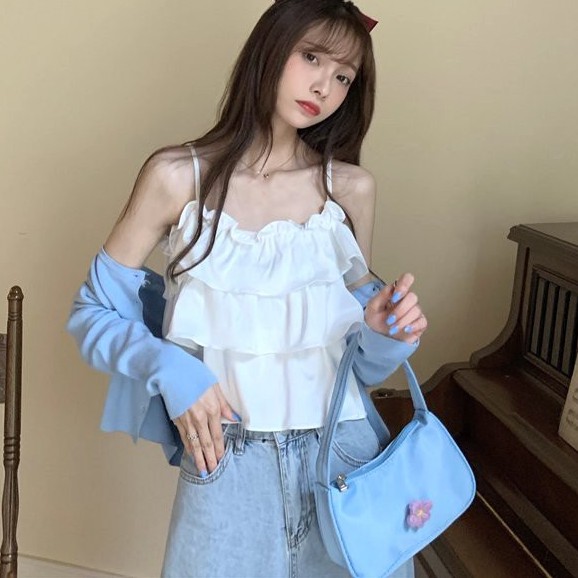 Áo 2 Dây Nữ 3 Tầng Áo Nữ Chất Đũi Hở Lưng 2 Màu