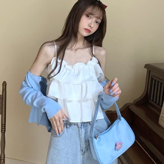 Áo 2 Dây Tầng Bồng PEONYB Nữ [FREESHIP]  Croptop hotgirl kiểu bánh bèo tiểu thư màu TRẮNG | ĐEN Ulzzang