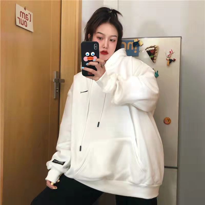 Áo Hoodie Nhung Dáng Rộng Màu Xanh Lá Dạ Quang Phong Cách Hàn Quốc Thời Trang Thu Đông Cho Nữ