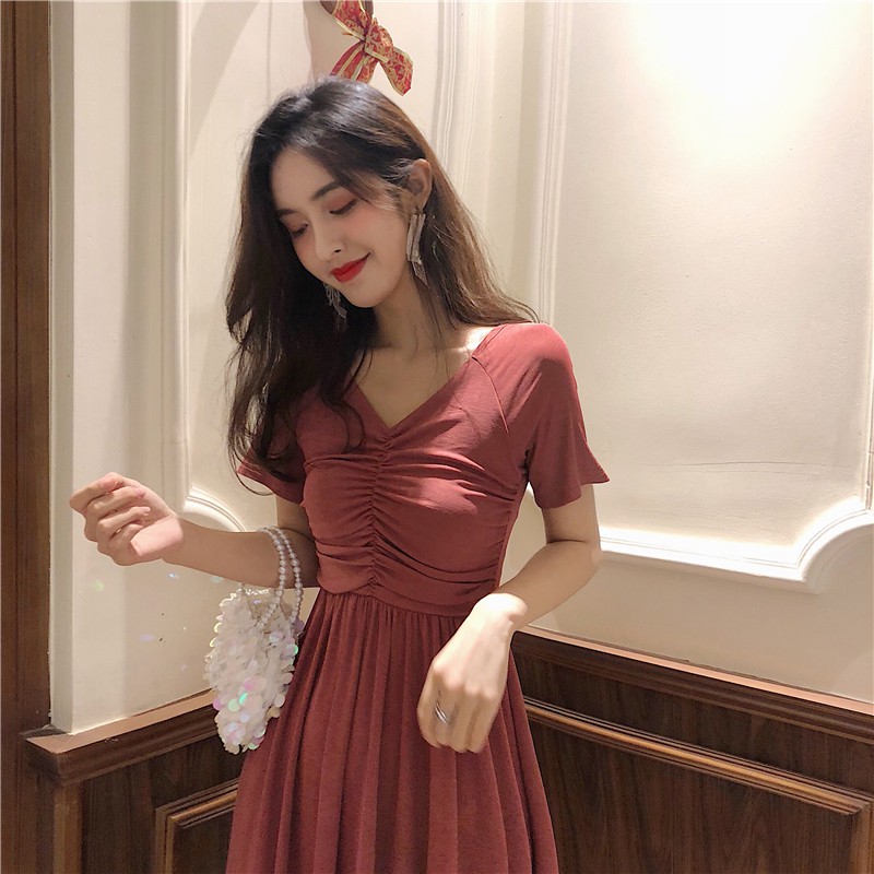Váy Đỏ Đô Cổ V🌸 Bo Ngực Dáng Dài🌸 Sexy Cá Tính Hàng Quảng Châu