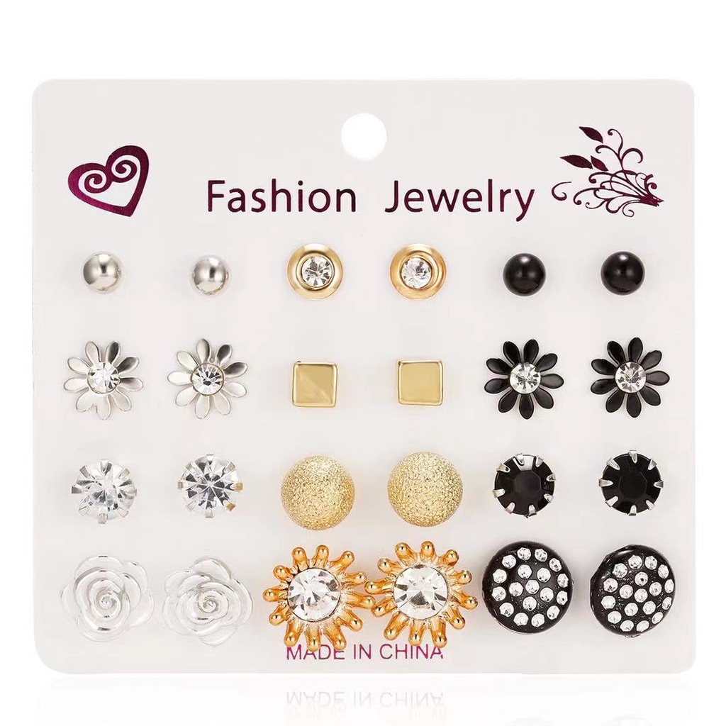 Set 12 Cặp Bông Tai Nơ Hoa Đính Đá zircon Thẻ Giấy Bán Trực Tiếp Chất Lượng Cao