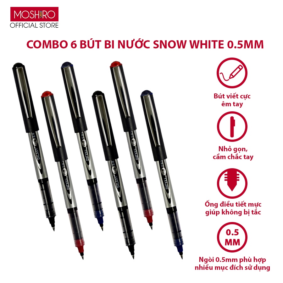 Combo 6 Bút bi nước mực gel Moshiro Snow Ngòi 0.5mm Mực đều nét đẹp, khô nhanh điều tiết mực ra đều và liên tục