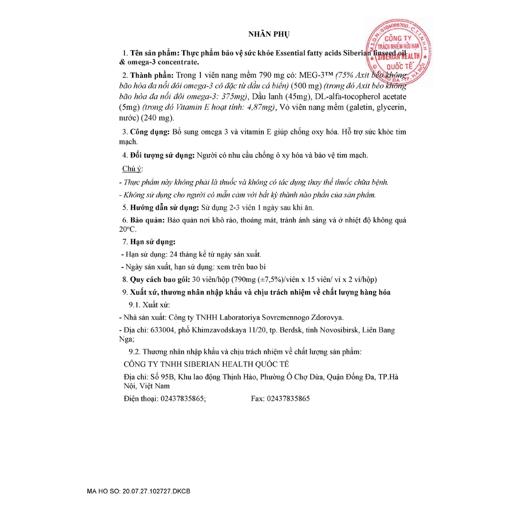 OMEGA Tim Mạch Essential fatty acids Siberian linseed oil & omega3