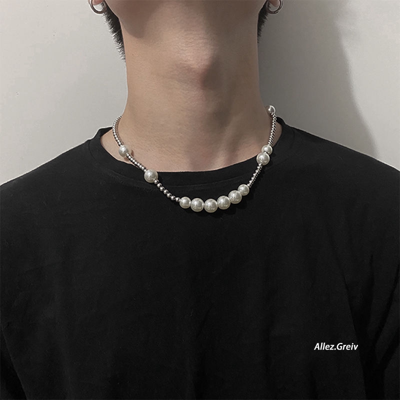 Vòng cổ thép titan phối ngọc trai phong cách hiphop đường phố