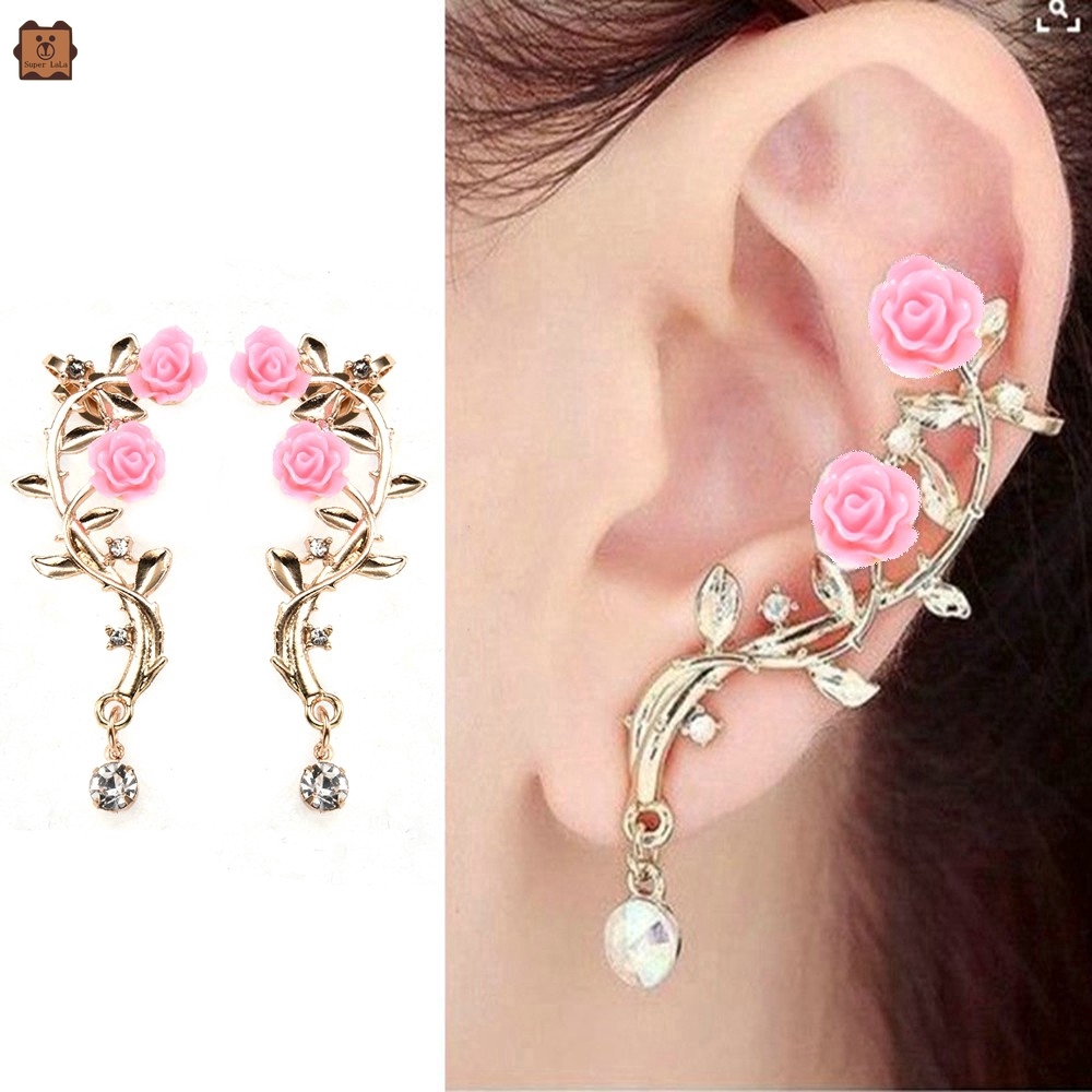 Cod In Stock New Sweet Pink Flower Branch Gold Long Ear Studs Simple Earrings Party Charm Jewelry