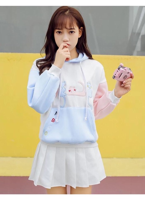 Áo Hooide Nỉ Mèo Con Phối Tay Hai Màu Siêu Yêu | BigBuy360 - bigbuy360.vn