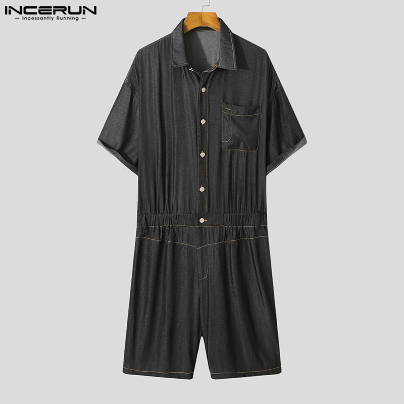 Jumpsuit denim INCERUN ngắn tay phối nút thời trang mùa hè cho nam