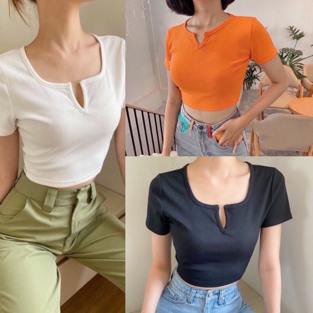 Áo CropTop Tay Ngắn Cổ ( V ) có video kèm ảnh thật