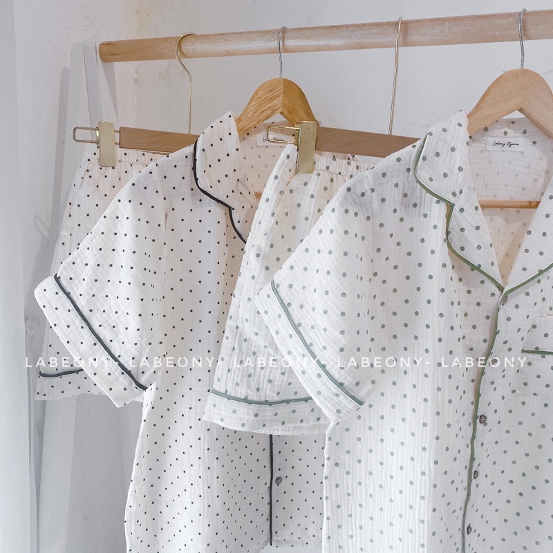 Đồ bộ nữ mặc nhà Pyjama CHẤM BI muslin Labeony( Bi Xanh Mới)