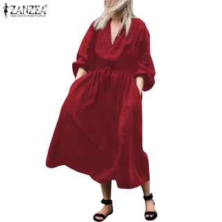 Đầm tay dài form rộng ZANZEA thiết kế cổ chữ V màu trơn trẻ trung cho nữ