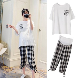 Set Áo Thun Phối Váy Bầu Kẻ Sọc Caro Thời Trang Cho Bà Bầu Blxy520.Vn