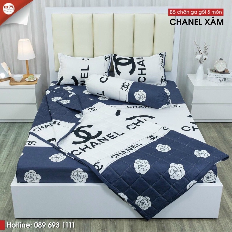Bộ drap giường 5 món chăn ga gối bo chun poly hàn quốc cao cấp
