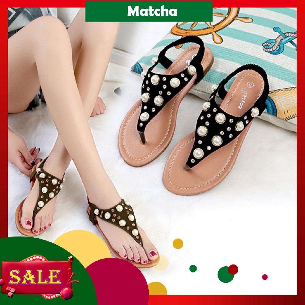 Sandal nữ đế bệt xỏ ngón đính ngọc trai phong cách Bohemian