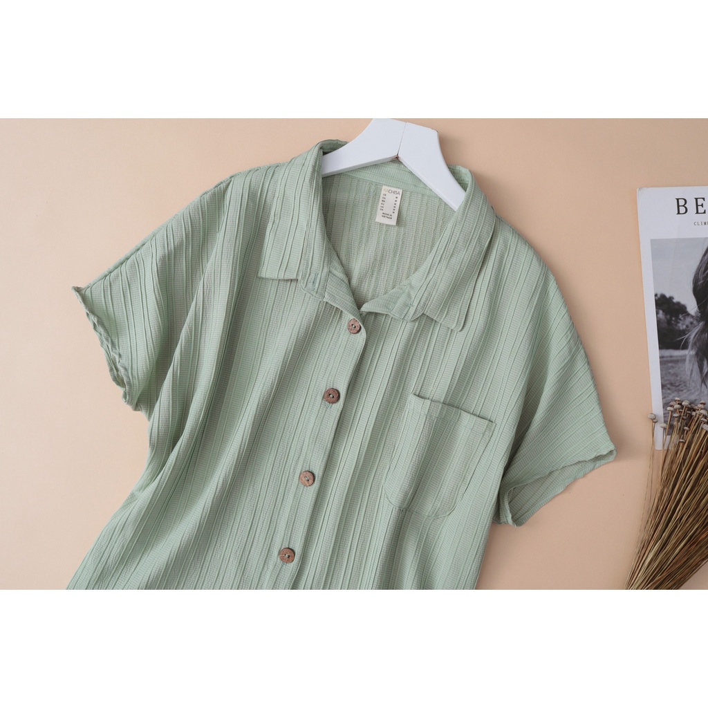 Áo sơ mi nữ trung niên cao cấp sọc gân phối túi màu đậu, tay phồng che khuyết điểm - Thời trang KACHISA 221