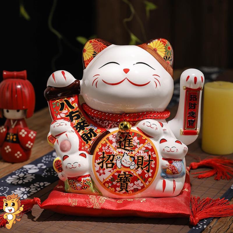 Mèo vẫy tay kim vận đón phúc cao 16cm kèm thảm