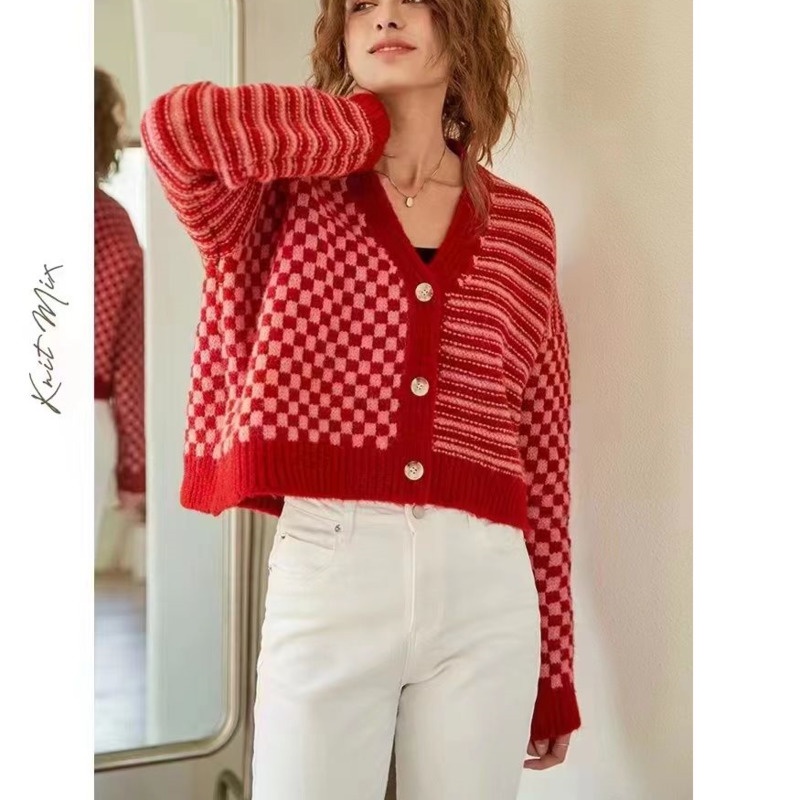 Áo Sweater Tay Dài Họa Tiết Sọc Caro Áo Khoác Dệt Kim Màu Sắc Tương Phản Thời Trang Mùa Thu Cho Nữ